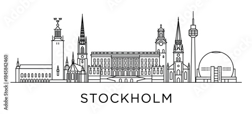 Minimalist black line art illustration of a famous European capital city skyline with iconic landmarks and architecture, showing a modern graphic design concept for travel