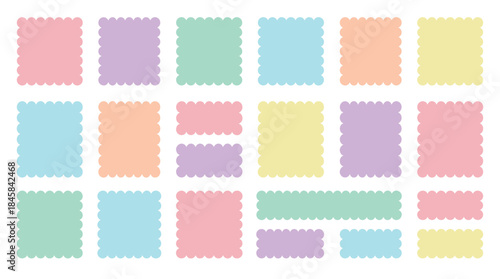 Collection of colorful pastel scalloped frames and labels in various square and rectangle shapes, featuring a cute, minimalist design for decorative graphic elements