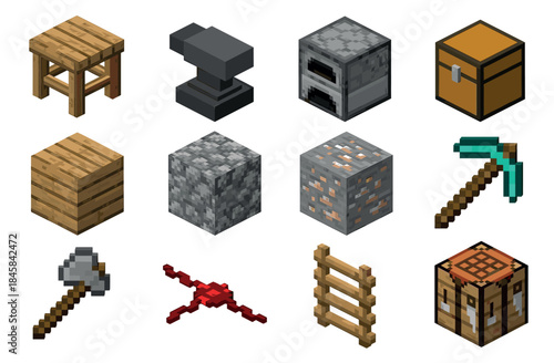 Collection of pixelated video game items including tools, blocks, and furniture, rendered in a blocky, 8-bit isometric style for a crafting or survival game concept
