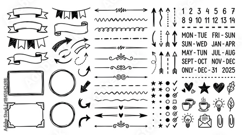 Large collection of hand-drawn doodle elements for planners and journals, including banners, arrows, dividers, frames, and icons in a simple black and white sketchy style