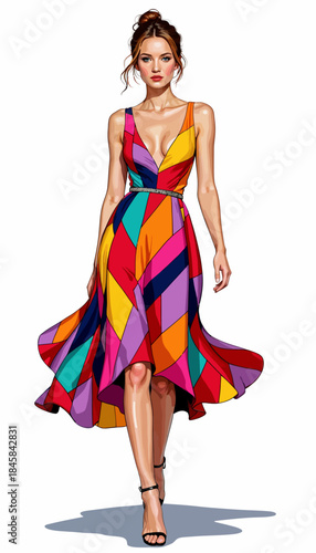 Stylish Woman in Vibrant Geometric Print Dress with Multicolor Diamond Patterns Walking Confidently in High Heels