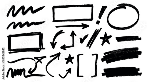 Set of hand-drawn black marker elements including arrows, circles, boxes, and underlines for highlighting, created with a rough, textured grunge brush stroke style for design