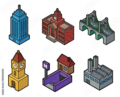 Set of six isometric pixel art city buildings including a skyscraper, factory, bridge, and clock tower in a retro 8-bit video game style illustration for map creation