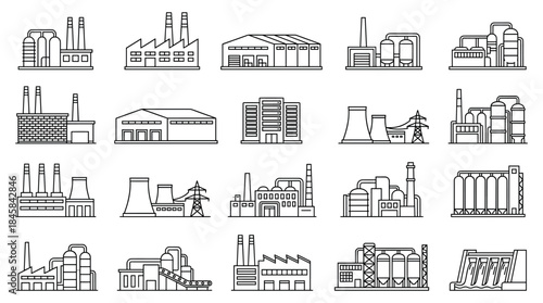 Large collection of industrial building icons in a clean line art style, featuring various factories, power plants, refineries, and manufacturing facilities as a complete set
