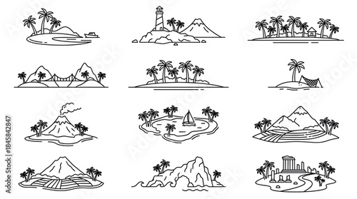Set of tropical island line icons featuring various landscapes like mountains, volcanoes, beaches with palm trees, a lighthouse, and ancient ruins in a simple minimalist outline style