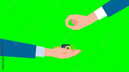Two hands holding a keys. Hand giving keys to customer. Businessman in suit giving key. Mortgage, credit, dealing, property. Sale and rent of apartment or car. Buying. 2d flat animation. Alpha channel