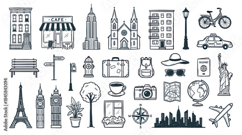 Large collection of hand-drawn travel icons featuring famous landmarks, city life elements, and vacation accessories in a charming black and white doodle sketch style