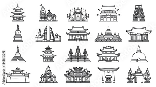 Set of Asian religious building line icons featuring famous temples, pagodas, stupas, and shrines from various cultures, presented in a minimalist black and white vector style