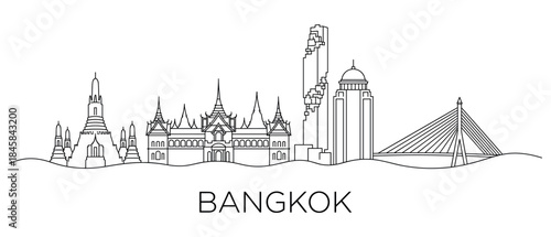 Minimalist black and white line art illustration of a famous Asian capital city skyline, showcasing a panoramic view of iconic landmarks including ancient temples and modern skyscrapers