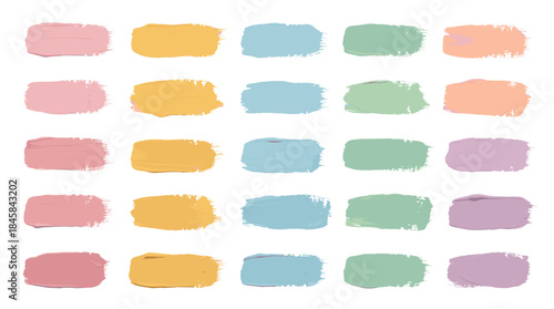 Collection of colorful pastel paint swatches in pink, yellow, blue, green, and purple arranged in a neat grid, showing textured hand-painted brush strokes for a design palette