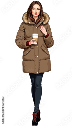 Stylish Winter Outfit Featuring Warm Brown Parka with Faux Fur Hood and Casual Footwear, Perfect for Cold Weather Comfort and Coffee on the Go