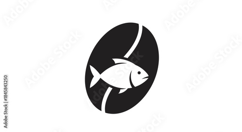 Stylized Fish Silhouette Inside a Dark Oval Shape with White Lines.