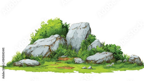 Serene Green Grass Area with Rocks and Stones on the Ground Vector
