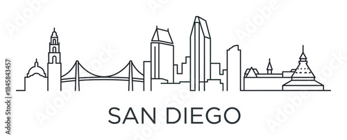 Stylized urban cityscape panorama with modern skyscrapers and a prominent bridge, a clean single-line vector graphic representing a metropolitan architectural silhouette