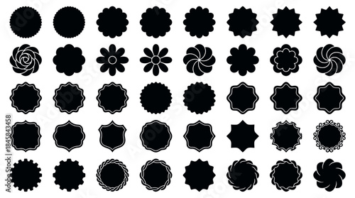 Large collection of black decorative frames and label shapes in various styles including starbursts, floral designs, shields, and ornamental badges for graphic design elements