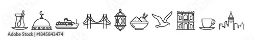 Collection of thin line art icons showing travel and cultural landmarks, including a mosque dome, a suspension bridge, a ferry, traditional food, and a historic tower