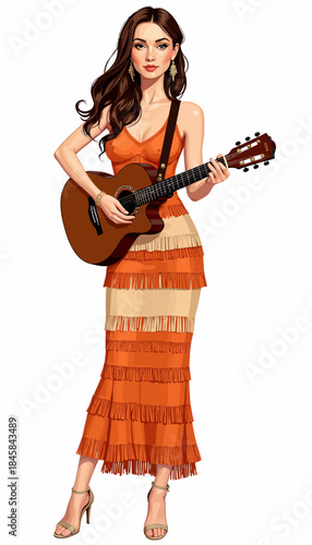 Elegant Woman in Orange Dress Playing Guitar with a Confident Stance and Poised Expression, Reflecting Musical Passion and Artistry
