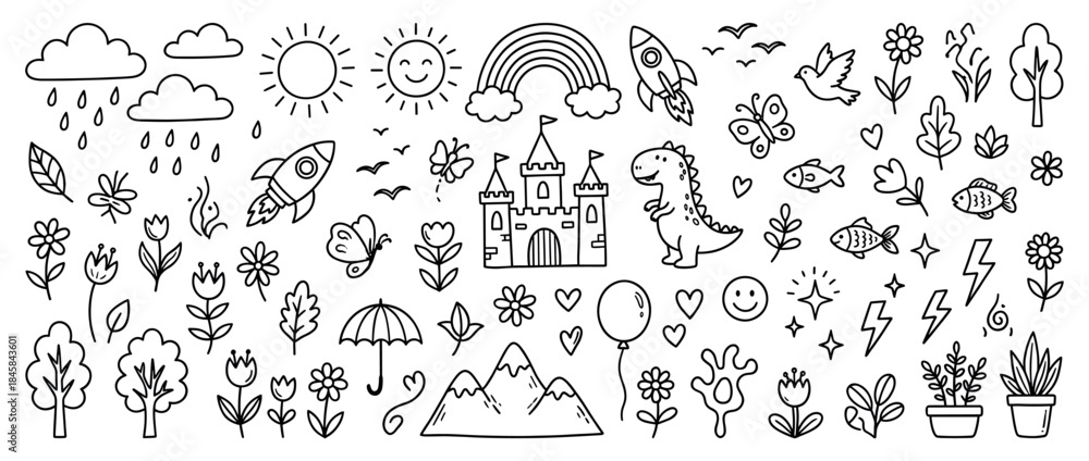 Fototapeta premium Large set of cute hand-drawn doodle elements featuring a castle, dinosaur, rocket, rainbow, sun, and flowers in a whimsical black and white line art style with a simple, childish charm