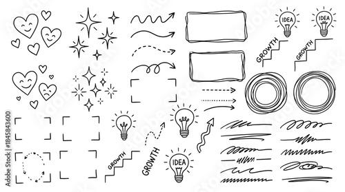 Large set of hand-drawn doodle elements including hearts, stars, arrows, frames, light bulbs, and underlines for illustrating concepts like idea, growth, and love