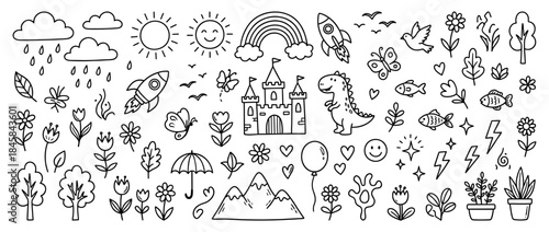 Large set of cute hand-drawn doodle elements featuring a castle, dinosaur, rocket, rainbow, sun, and flowers in a whimsical black and white line art style with a simple, childish charm