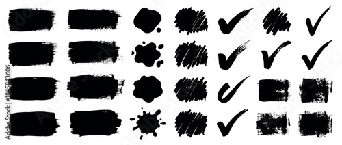 Large set of black grunge brush strokes, ink blots, scribbles, and checkmarks hand-drawn in a distressed, textured style for various artistic design elements