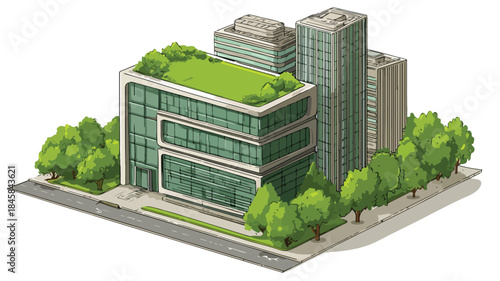 Modern High Rise Building with Green Roof - Architectural Design Concept