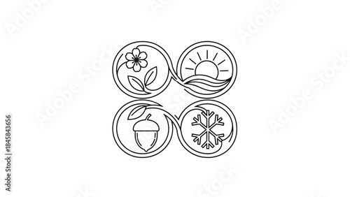 A stylized illustration depicting the four seasons, with each season represented by a circular emblem containing symbolic imagery.