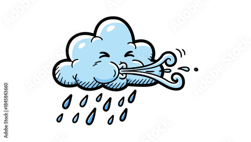 A funny octopus cartoon and fish float through a blue sky vector illustration featuring heart clouds and rainy weather design elements