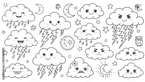 Weather Wonders: Whimsical illustrations depict a variety of animated clouds, showcasing a range of moods and weather conditions. From sunny smiles to stormy outbursts.