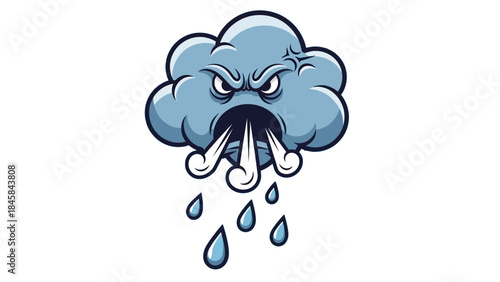 Stormy Cloud: An illustrated image of an angry cloud, with fierce expression and pouring rain. A simple and effective depiction of the weather 