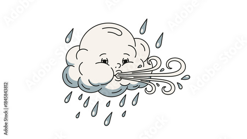 Cloudy Weather: A charming cartoon depiction of a cloud experiencing a weather event, complete with raindrops and swirling wind. 