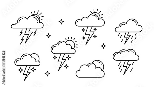 Weather Icons: A collection of simple, black and white illustrations depicting various weather conditions, perfect for illustrating forecasts and environmental concepts.