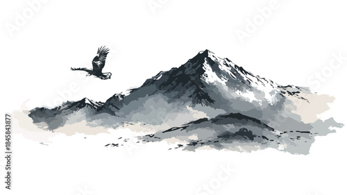 Mountain Landscape with Bird Illustration - Vector Painting for Design Projects