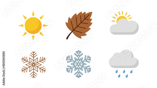 Weather Seasons: Vibrant illustration of weather elements that vividly capture the essence of different seasonal conditions, from the warmth of sunshine to the chill of snowfall.