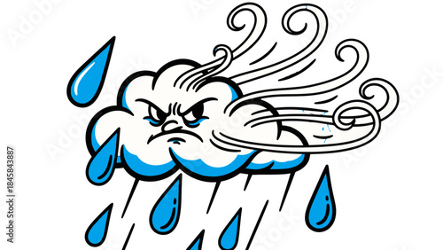 Angry Cloud: A stylized depiction of an irate cloud, unleashing a tempest of rain and wind, embodying the raw power and fury of a storm.