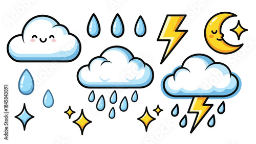 Weather Wonders: whimsical illustration of weather elements, featuring smiling clouds, raindrops, lightning bolts and a peaceful crescent moon amidst twinkling stars. 