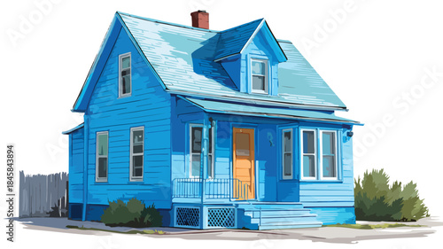 Blue House with Blue Roof Painting for Interior Decor Inspiration