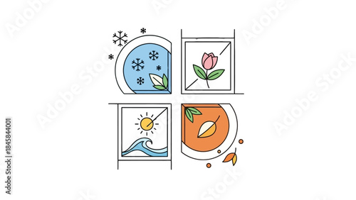 Seasons Window: A captivating illustration featuring four windows, each representing a distinct season: winter with snowflakes, spring with a blooming flower, summer with sun and ocean waves.