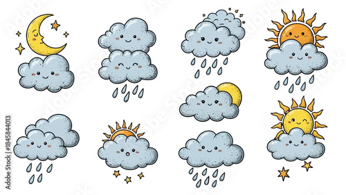 Playful Weather Icons: Charming illustrations of clouds, the sun, and the moon, creating a whimsical representation of various weather conditions. 