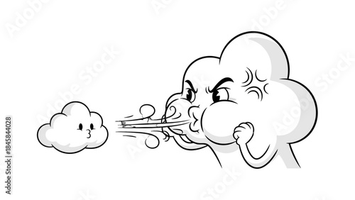 Whimsical Wind: A cartoon cloud dramatically blows wind, playfully interacting with another small cloud, portraying the element of wind with an animated flair.
