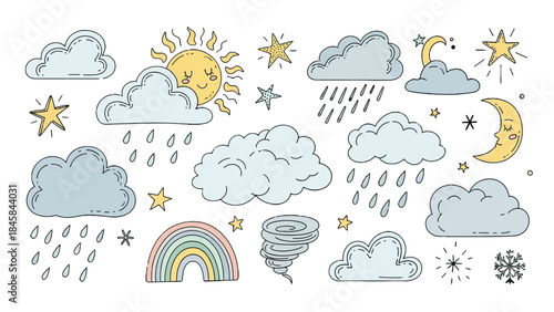 Whimsical Weather Icons: A playful illustration presents a collection of weather symbols, capturing the charm of a sun, clouds, rain, rainbow, and more in a joyful visual.