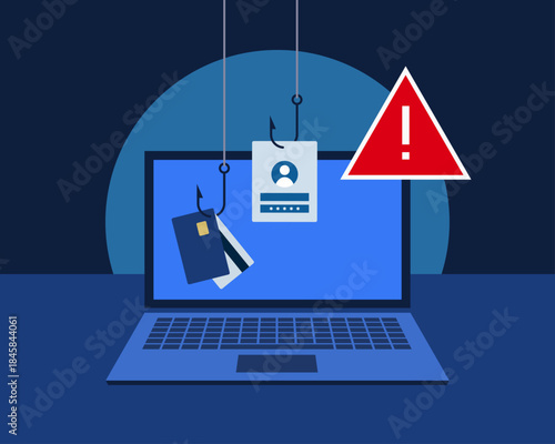 Cybercrime phishing, social engineering attack or scam alert. Flat design vector concept illustration with laptop, phishing hook, credit card, user field and red warning sign.
