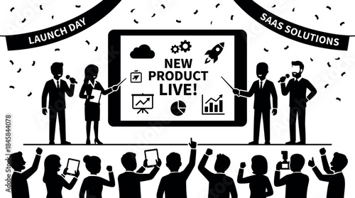 Black and white silhouette vector illustration of business people presenting a new product launch on stage to a cheering crowd during a celebratory conference event
