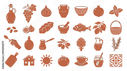 Set of traditional Mediterranean food and lifestyle icons in a rustic brown linocut style showing cuisine elements like olive oil, grapes, fish, bread, and pottery
