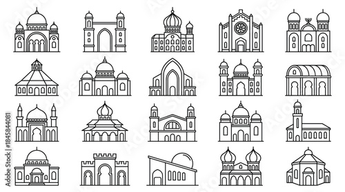 Collection of religious building line icons showing various architectural styles of mosques, synagogues, and temples in a minimalist black and white outline vector illustration set