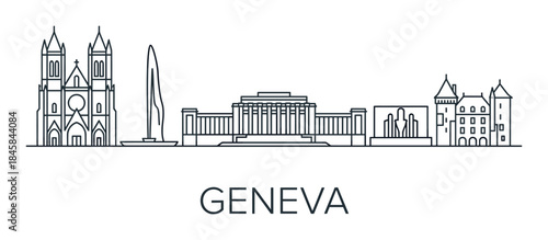 European city skyline line art illustration with a gothic cathedral, historic architecture, and a famous water jet fountain, drawn in a simple and modern monochrome outline style