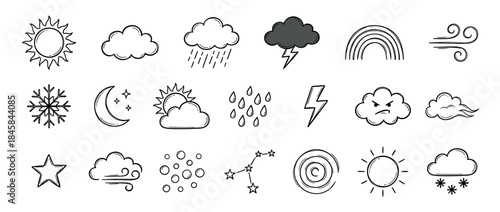 Set of hand-drawn weather forecast icons in a simple doodle style, featuring various meteorological symbols like sun, clouds, rain, storm, snow, wind, moon, and stars