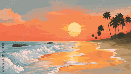 Vivid Sunset Beach Painting with Ocean View for Design Projects
