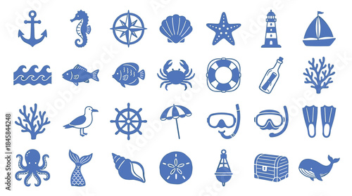 Large set of blue nautical icons featuring sea creatures, maritime symbols, and beach elements in a simple, flat graphic style for various design projects