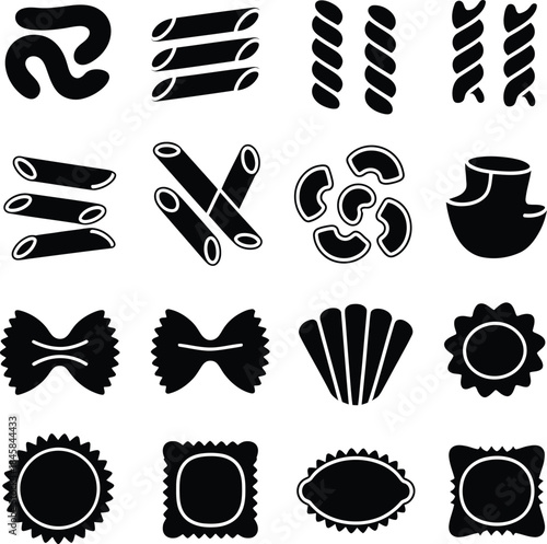 Black and white icons of various pasta shapes collection